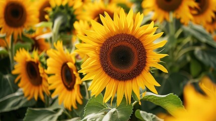 A field of sunflowers with a single sunflower in the foreground. The sunflower is the main focus of the image, and the rest of the sunflowers are in the background. Concept of warmth and happiness