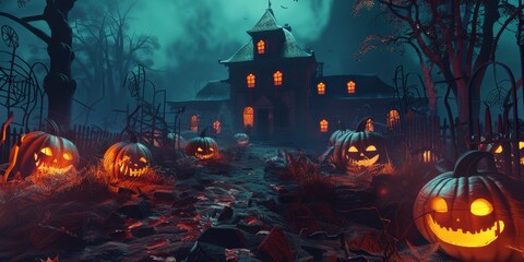 Abstract Halloween Background with Pumpkin and Haunted House - 3D Render. Eerie Halloween Night with Evil Pumpkin. Spooky and Creepy Holiday Event Banner Background Concept. Artistic Design Mockup Tem