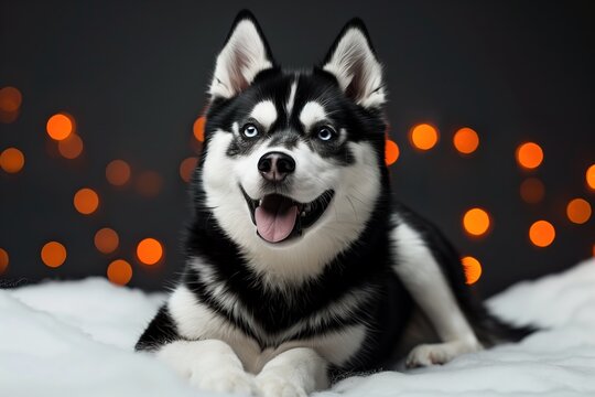 Happy Siberian Husky with bokeh lights in background, studio shot