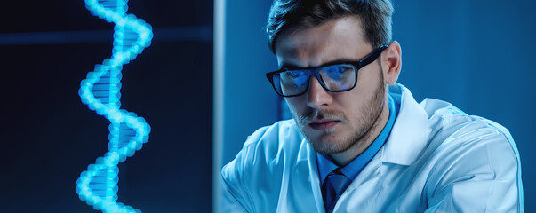 Scientist wearing glasses analyzing DNA sequence in a laboratory setting with a digital interface in the background.