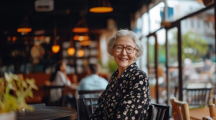 Cheerful grandmother at cafe, smiling.