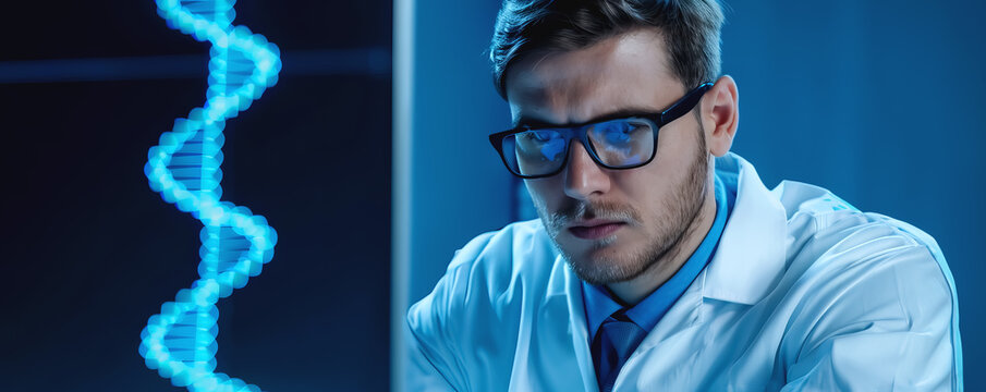 Scientist wearing glasses analyzing DNA sequence in a laboratory setting with a digital interface in the background.