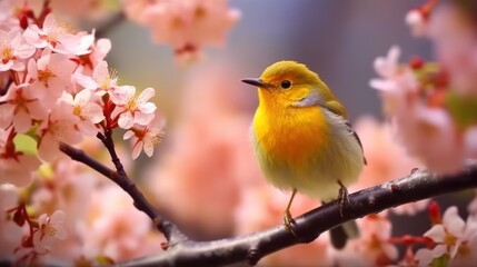 Small Bird Perched on Branch with Pink Blossoms