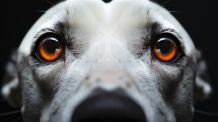 Close-up of dog with orange eyes, curious expression