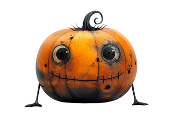 A Halloween pumpkin with a menacing expression and hands is showcased on a cartoon style Jack o lantern against a white background.