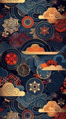 Asian fabric patterns, geometric artistry, flat design illustration