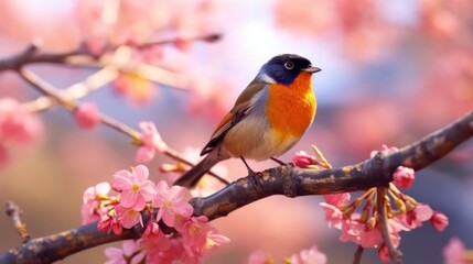 Fototapeta premium A Bird Perched on Cherry Blossom Branch