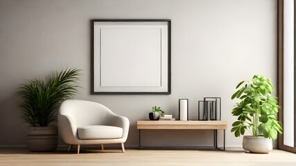 Empty frame poster mockup in a minimalist interior   living room with armchairs and potted plants