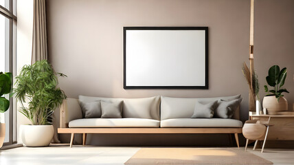 Empty frame poster mockup in a minimalist interior   living room with armchairs and potted plants