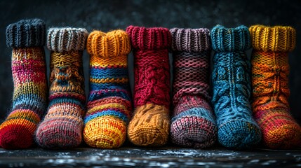  Five pairs of vibrant socks neatly arranged in a row.