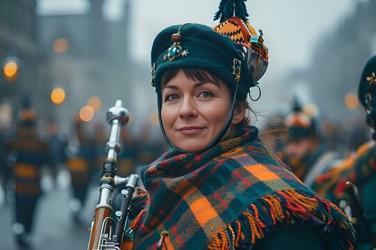 Woman in tartan dress and hat playing bagpipe.