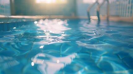 Obraz premium A close-up view of ripples on the surface of a swimming pool with sunlight reflecting off the water
