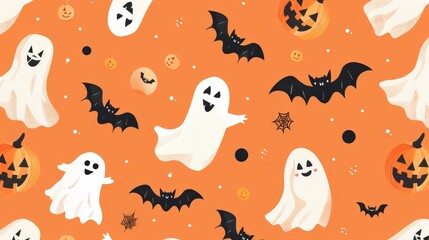 Create a seamless Halloween pattern featuring classic symbols like pumpkins, bats, and ghosts, all arranged in a playful and festive design.