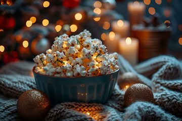  Christmas-themed popcorn in a bowl next to glowing Christmas lights.