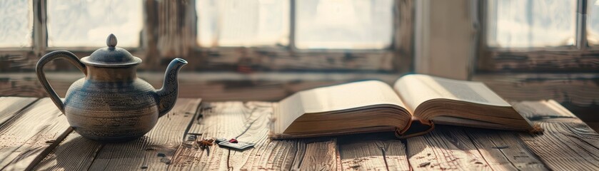 A book is open on a wooden table next to a teapot