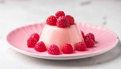 Panna cotta with fresh raspberries on pink plate on white stone table. Sweet food. Delicious dessert