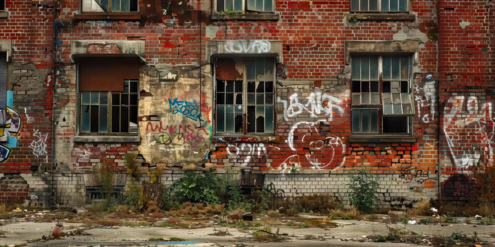 Crumbling Pillars of Democracy: A dilapidated, graffiti-covered brick building, its windows boarded up.