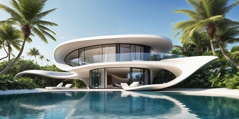 Fototapeta premium modern house with a curved white structure and a large swimming pool in front of it.