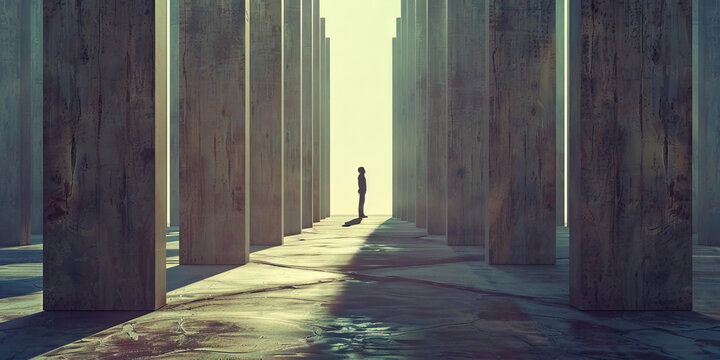 Vanishing Virtues of America: A lone figure standing before a row of empty pedestals, representing lost values and ideals.