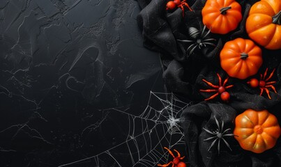 Abstract Halloween Background with Spiders, Decorations, and Spider Webs on Black Background. Happy Halloween Flat Lay Mockup. Autumn Holiday Concept Composition with Copy Space. AI-Generated Holiday 