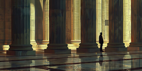 Vanishing Virtues of America: A lone figure standing before a row of empty pedestals, representing lost values and ideals.