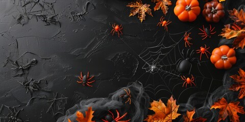 Abstract Halloween Background with Spiders, Decorations, and Spider Webs on Black Background. Happy Halloween Flat Lay Mockup. Autumn Holiday Concept Composition with Copy Space. AI-Generated Holiday 