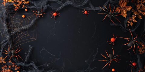 Abstract Halloween Background with Spiders, Decorations, and Spider Webs on Black Background. Happy Halloween Flat Lay Mockup. Autumn Holiday Concept Composition with Copy Space. AI-Generated Holiday 