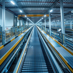Obraz premium Empty conveyor belt system running through a large industrial warehouse, illuminated by strip lights