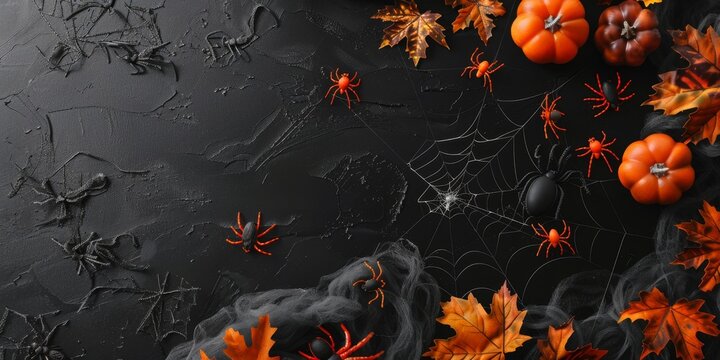 Abstract Halloween Background with Spiders, Decorations, and Spider Webs on Black Background. Happy Halloween Flat Lay Mockup. Autumn Holiday Concept Composition with Copy Space. AI-Generated Holiday 