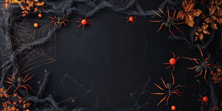 Abstract Halloween Background with Spiders, Decorations, and Spider Webs on Black Background. Happy Halloween Flat Lay Mockup. Autumn Holiday Concept Composition with Copy Space. AI-Generated Holiday 