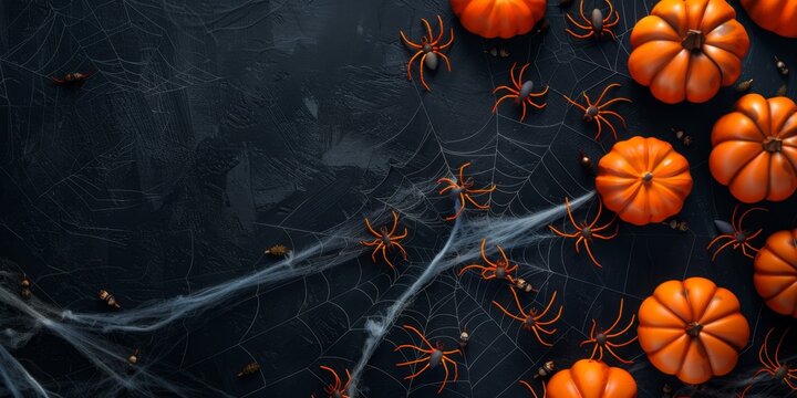 Abstract Halloween Background with Spiders, Decorations, and Spider Webs on Black Background. Happy Halloween Flat Lay Mockup. Autumn Holiday Concept Composition with Copy Space. AI-Generated Holiday 