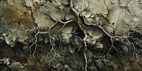 Eroded Foundations of the United States: A barren landscape with exposed roots, revealing the fragility of the nation's founding principles.