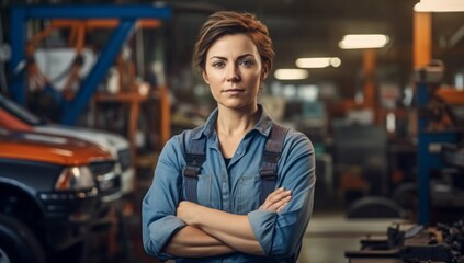 A skilled woman mechanic confidently poses with arms crossed in an automotive workshop, showcasing her expertise and professionalism