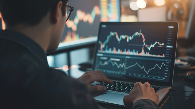 Businessman studying statistic graph of stock market indices on laptop for financial analysis - Powered by Adobe
