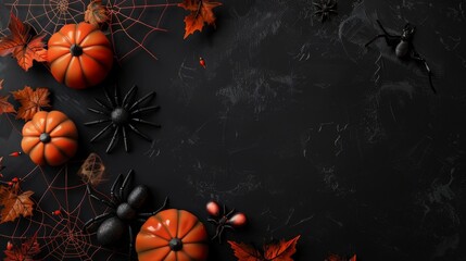 Abstract Halloween Background with Spiders, Decorations, and Spider Webs on Black Background. Happy Halloween Flat Lay Mockup. Autumn Holiday Concept Composition with Copy Space. AI-Generated Holiday 