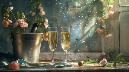 Champagne glasses clink together, sparkling wine bubbles flow into them. A table is set with a bucket and vase of flowers. Drinks are being served for a celebration.