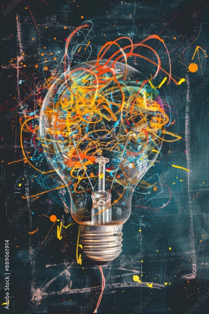 Poster creative abstract depiction of a light bulb with colorful lines, symbolizing innovative ideas and br