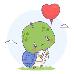 Cute turtle with letter and balloon. Funny cartoon kawaii character animal. Vector illustration. Kids collection.