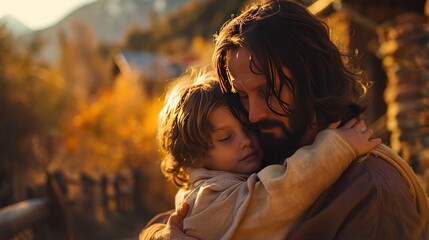 Fototapeta premium Jesus Christ comforting a child in a serene and peaceful setting. The scene is warm and tender, symbolizing love and compassion.
