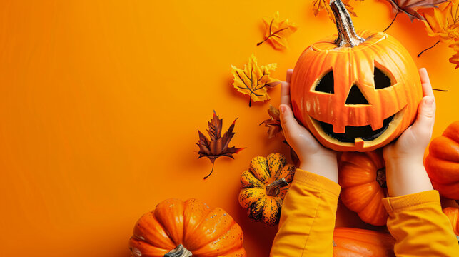 Hand of a child in a bright Halloween outfit, smiling and holding a pumpkin with a silly expression, surrounded by other pumpkins and an orange background. Generative AI illustration.