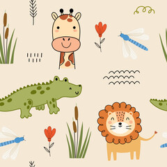 Seamless pattern with cute little crocodile, giraffe, lion and grass flower for your fabric, children textile, nursery decoration, gift wrap paper, kids bedding.