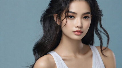 Fototapeta premium Close up portrait of beautiful Asian female model in 20s with perfect glowy skin 