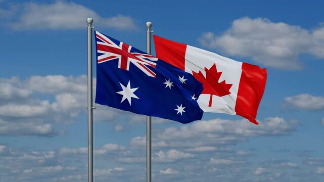 Canada and Australia flags flying together, video concept of the relationship, two country cooperation concept