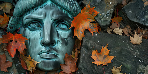 Fallen Statue of Liberty: A close-up of the iconic statue's tear-streaked face, surrounded by fallen leaves and crumbling stone.