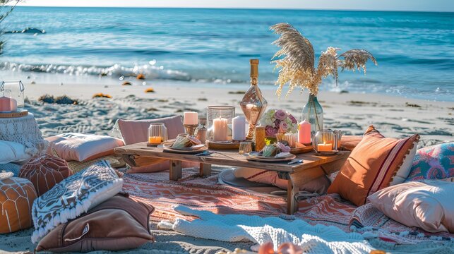 Celebrate a special occasion on the beach with a boho-chic picnic. Decorate with romantic colors, candles, and wooden accents. Spread out a blanket and pillows for a cozy and memorable gathering.