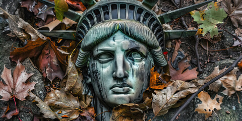 Obraz premium Fallen Statue of Liberty: A close-up of the iconic statue's tear-streaked face, surrounded by fallen leaves and crumbling stone.