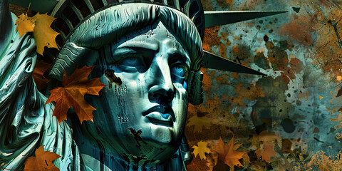 Fallen Statue of Liberty: A close-up of the iconic statue's tear-streaked face, surrounded by fallen leaves and crumbling stone.