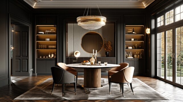 Modern dining room with a round table and chandelier.