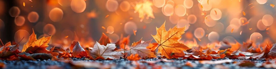 Abstract Autumn Seasonal Change with Orange Maple Leaves on Ground and Bokeh Effect Background. AI-Generated Design for Autumn and Year-End Event Web Banner with Red and Yellow Maple Leaves, Soft Focu
