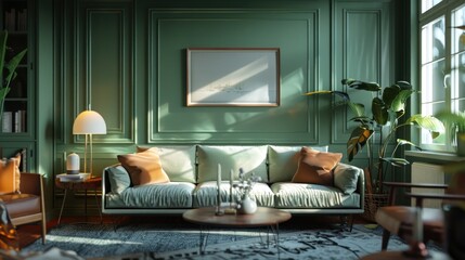 Chic living room with green accent wall and stylish furniture.